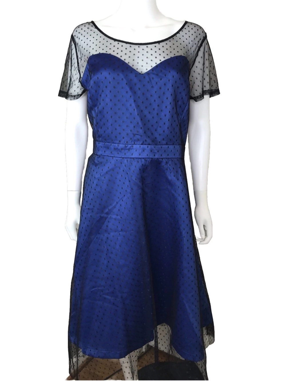 Lindy Bop Women’s Blue Polka Dot Mesh Overlay Fit and Flare Dress Size 16